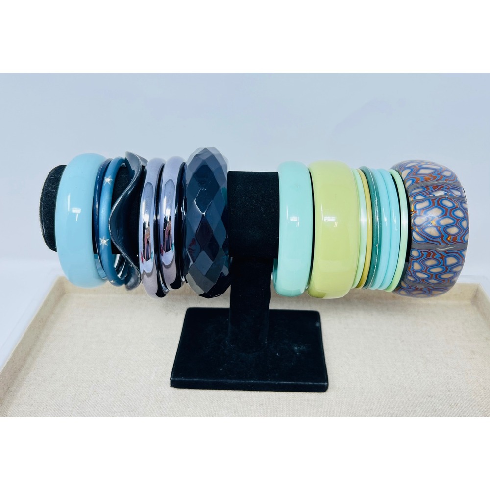 Vintage Blue & Green Resin, Acrylic, Chunky Stackable Bangle Bracelet Lot of 15